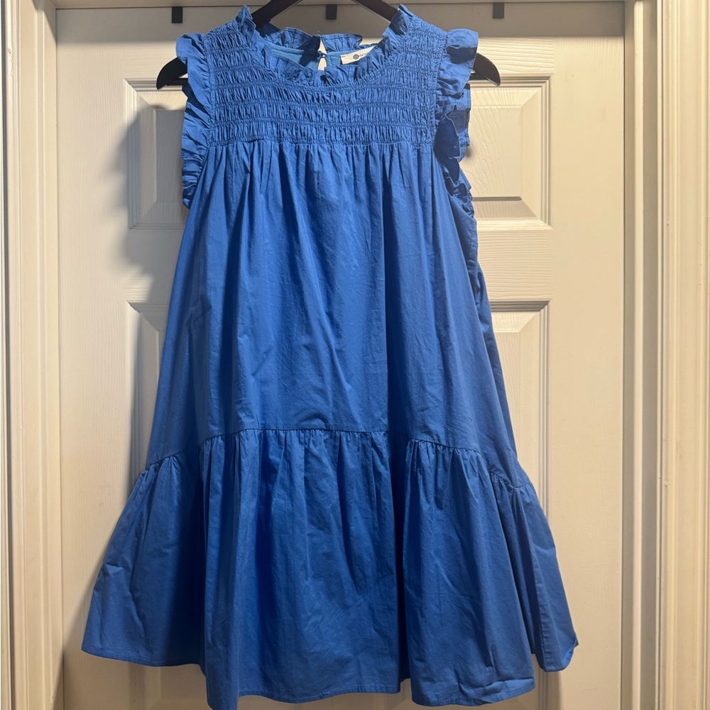 The Impeccable Pig Blue Ruffle-Shoulder Mini Dress
